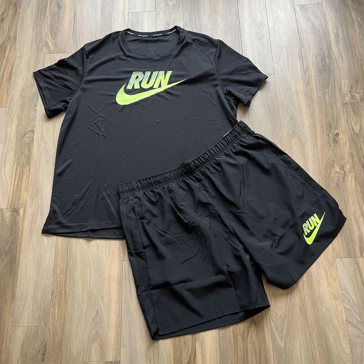 BNWT Nike Miler Run Rise Dri Fit T-Shirt Top & Shorts 2 Piece Set, M, Black Volt